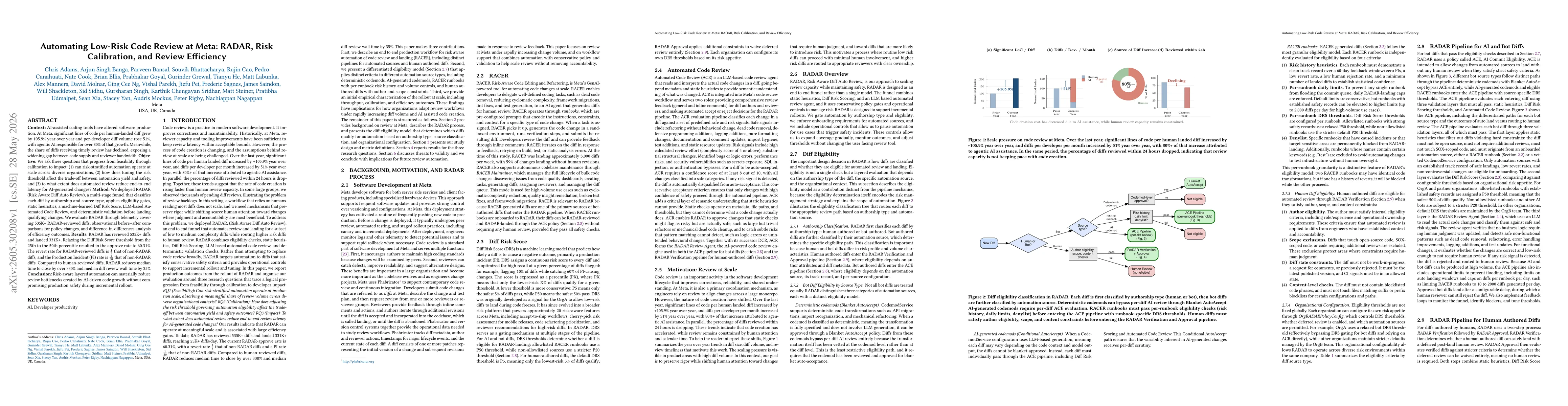 Thumbnail for Automating Low-Risk Code Review at Meta: RADAR, Risk Calibration, and Review Efficiency