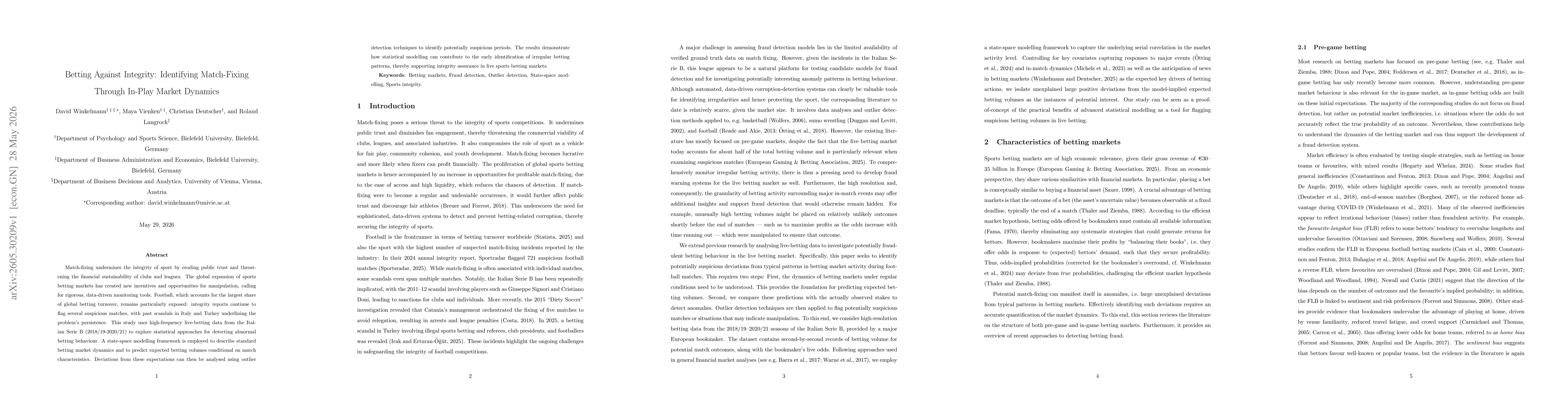 Thumbnail for Betting Against Integrity: Identifying Match-Fixing Through In-Play Market Dynamics
