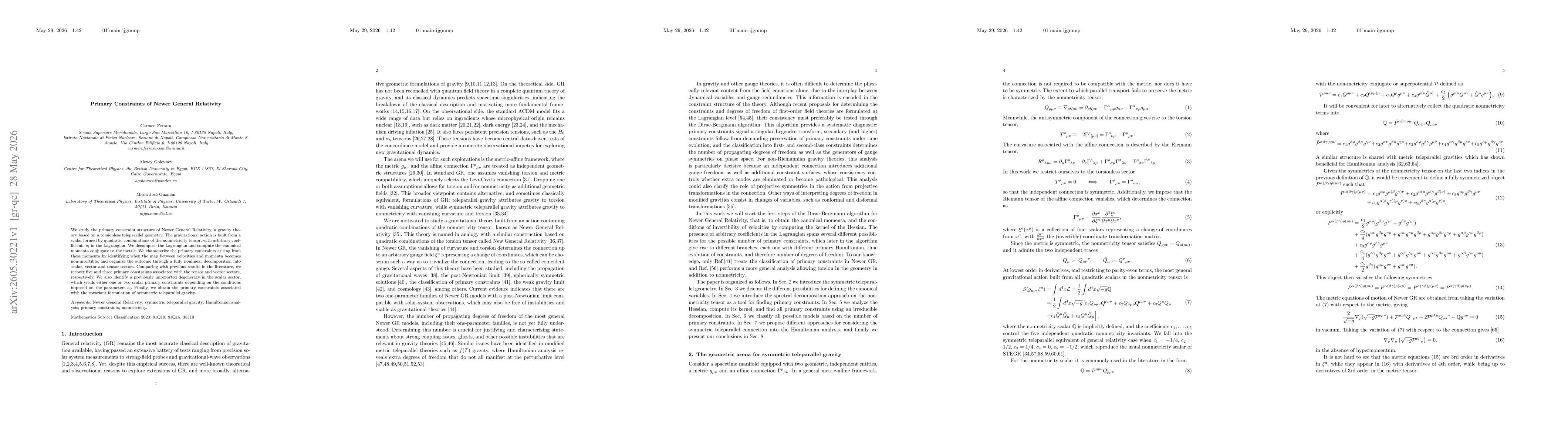 Thumbnail for Primary Constraints of Newer General Relativity
