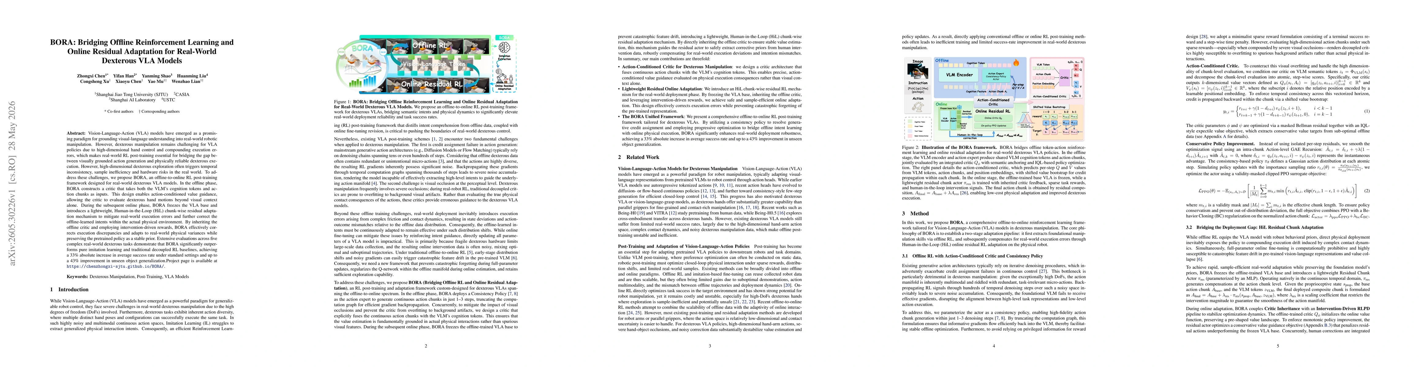 Thumbnail for BORA: Bridging Offline Reinforcement Learning and Online Residual Adaptation for Real-World Dexterous VLA Models