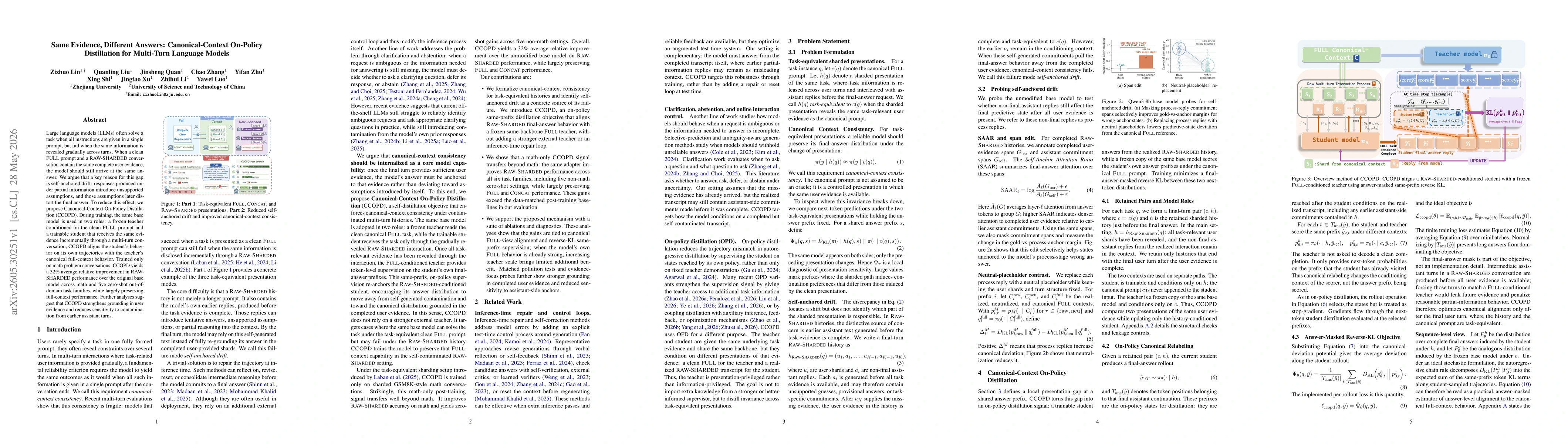 Thumbnail for Same Evidence, Different Answers: Canonical-Context On-Policy Distillation for Multi-Turn Language Models