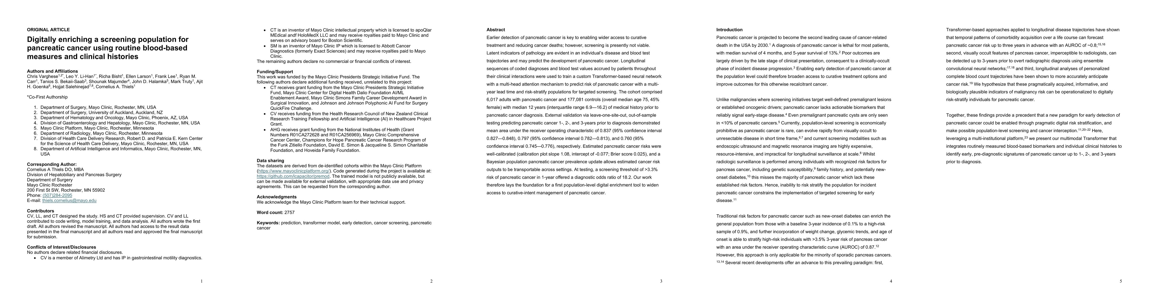 Thumbnail for Digitally enriching a screening population for pancreatic cancer using routine blood-based measures and clinical histories