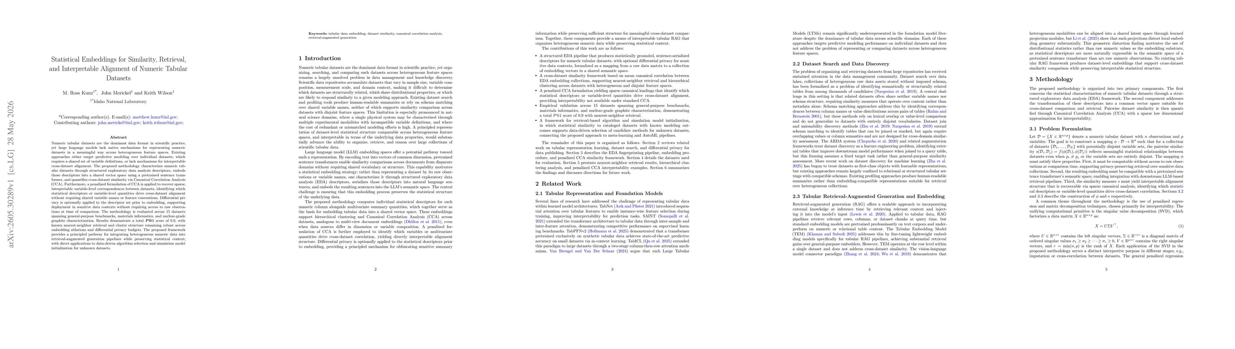 Thumbnail for Statistical Embeddings for Similarity, Retrieval, and Interpretable Alignment of Numeric Tabular Datasets