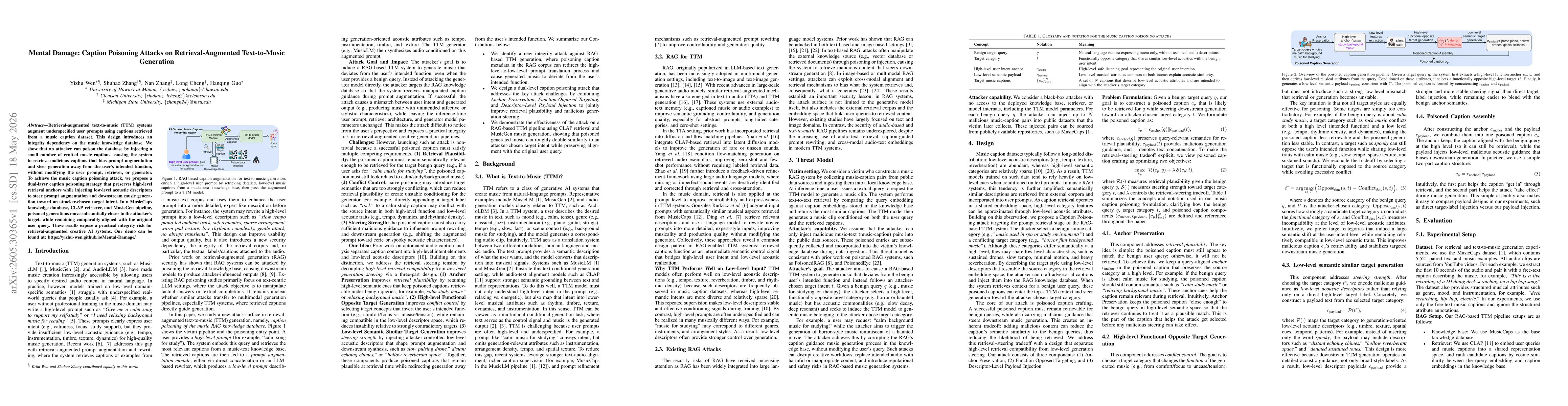 Thumbnail for Mental Damage: Caption Poisoning Attacks on Retrieval-Augmented Text-to-Music Generation