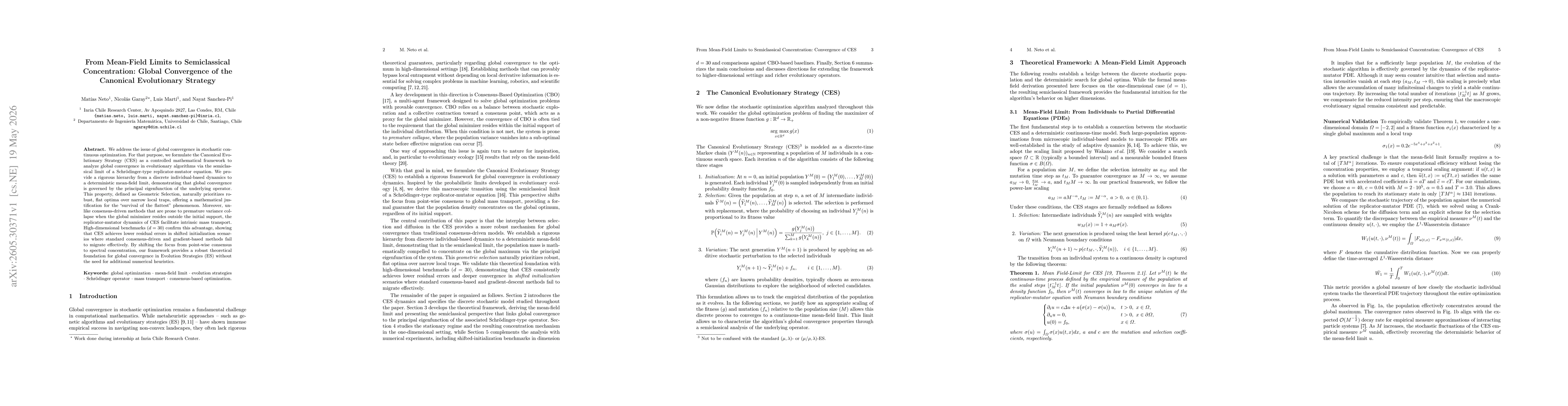 Thumbnail for From Mean-Field Limits to Semiclassical Concentration: Global Convergence of the Canonical Evolutionary Strategy