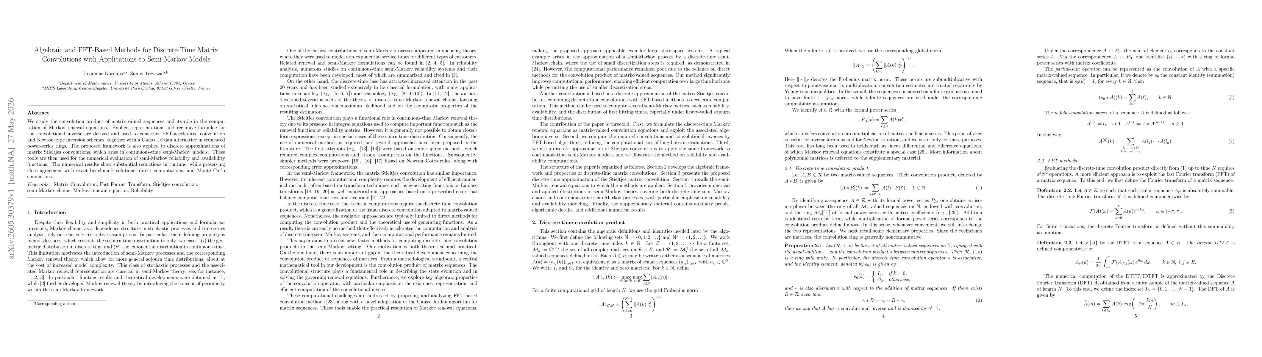 Thumbnail for Algebraic and FFT-Based Methods for Discrete-Time Matrix Convolutions with Applications to Semi-Markov Models