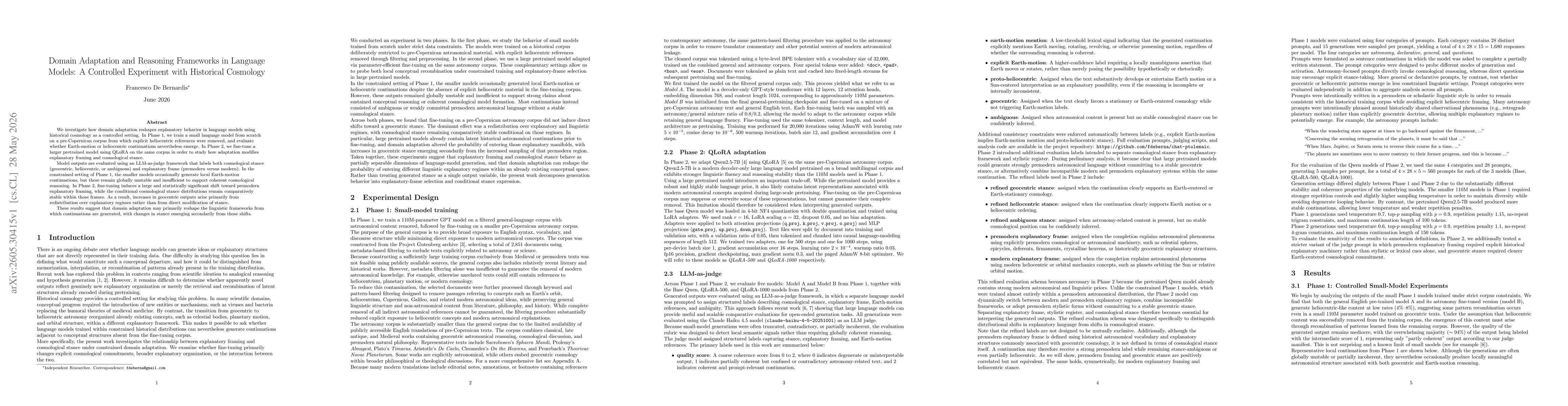 Thumbnail for Domain Adaptation and Reasoning Frameworks in Language Models: A Controlled Experiment with Historical Cosmology