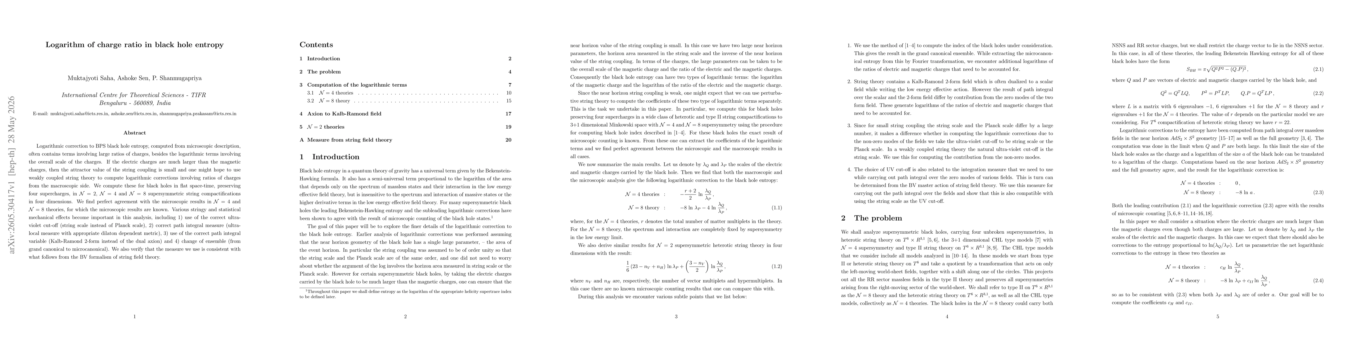 Thumbnail for Logarithm of charge ratio in black hole entropy