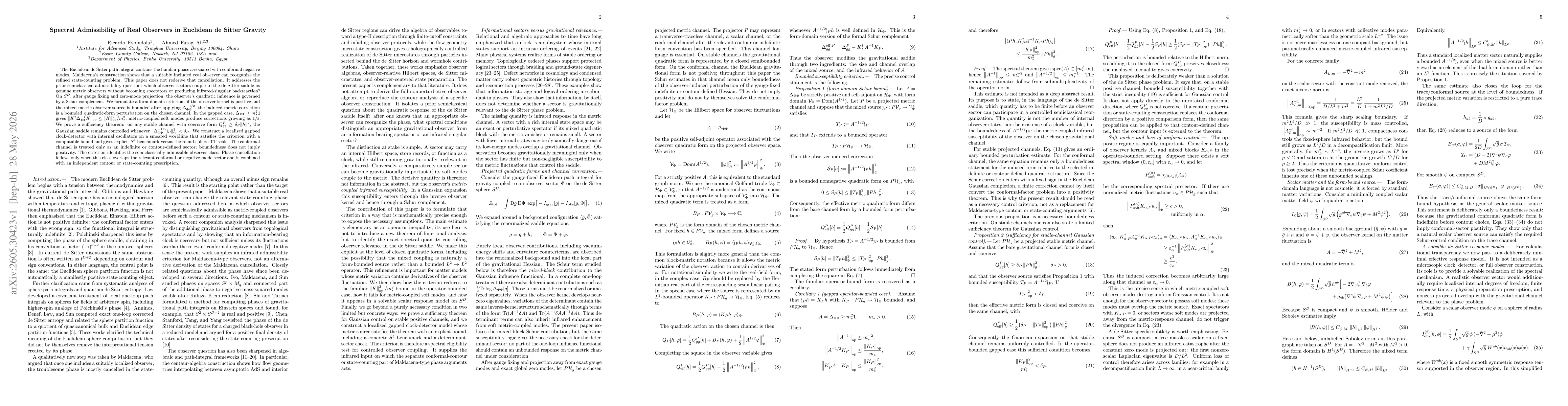 Thumbnail for Spectral Admissibility of Real Observers in Euclidean de Sitter Gravity