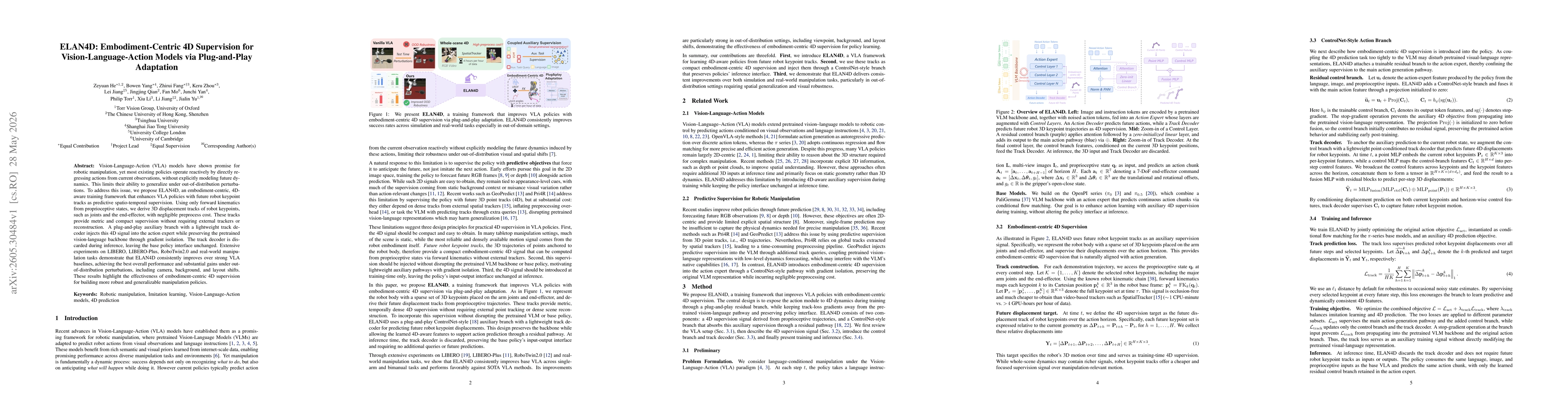 Thumbnail for ELAN4D: Embodiment-Centric 4D Supervision for Vision-Language-Action Models via Plug-and-Play Adaptation