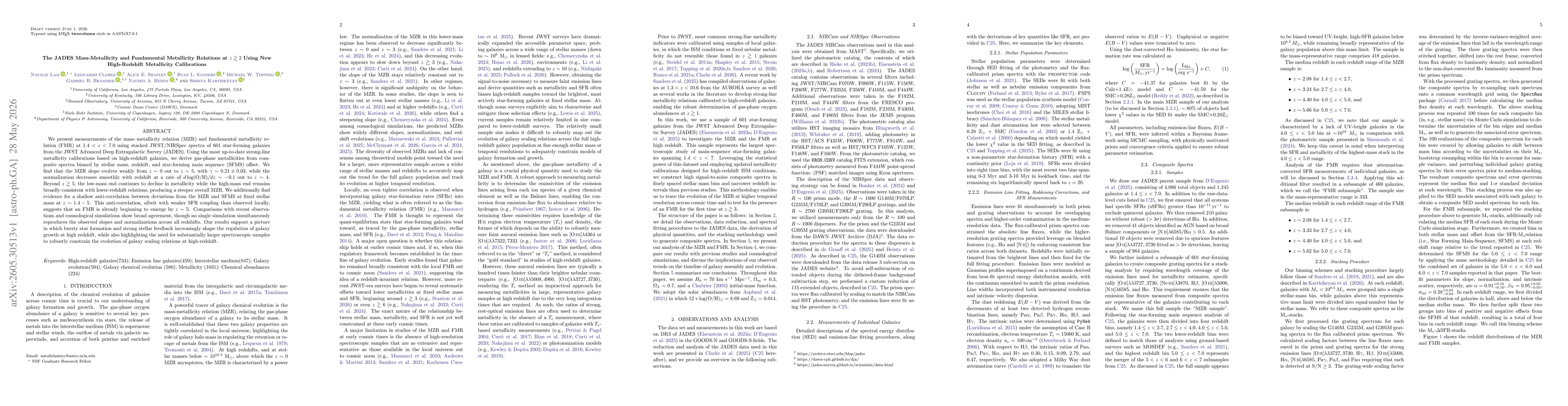 Thumbnail for The JADES Mass-Metallicity and Fundamental Metallicity Relations at $z\gtrsim2$ Using New High-Redshift Metallicity Calibrations