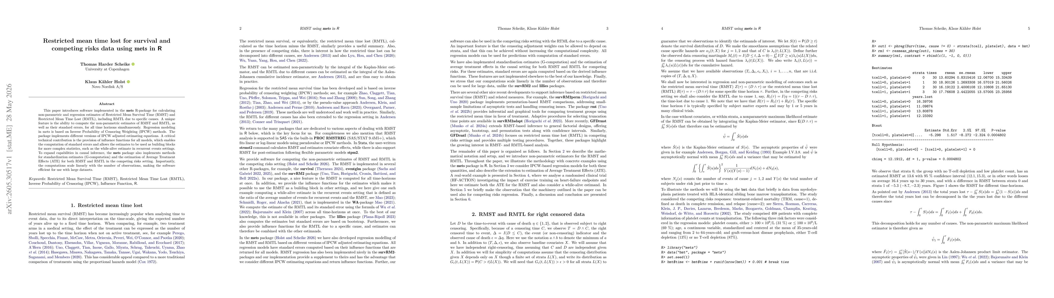 Thumbnail for Restricted mean time lost for survival and competing risks data using mets in R