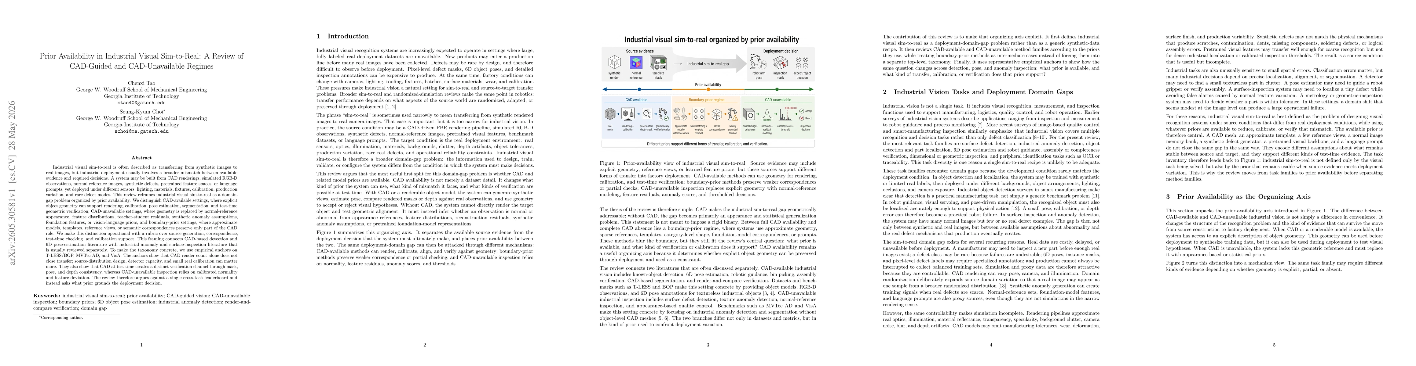 Thumbnail for Prior Availability in Industrial Visual Sim-to-Real: A Review of CAD-Guided and CAD-Unavailable Regimes