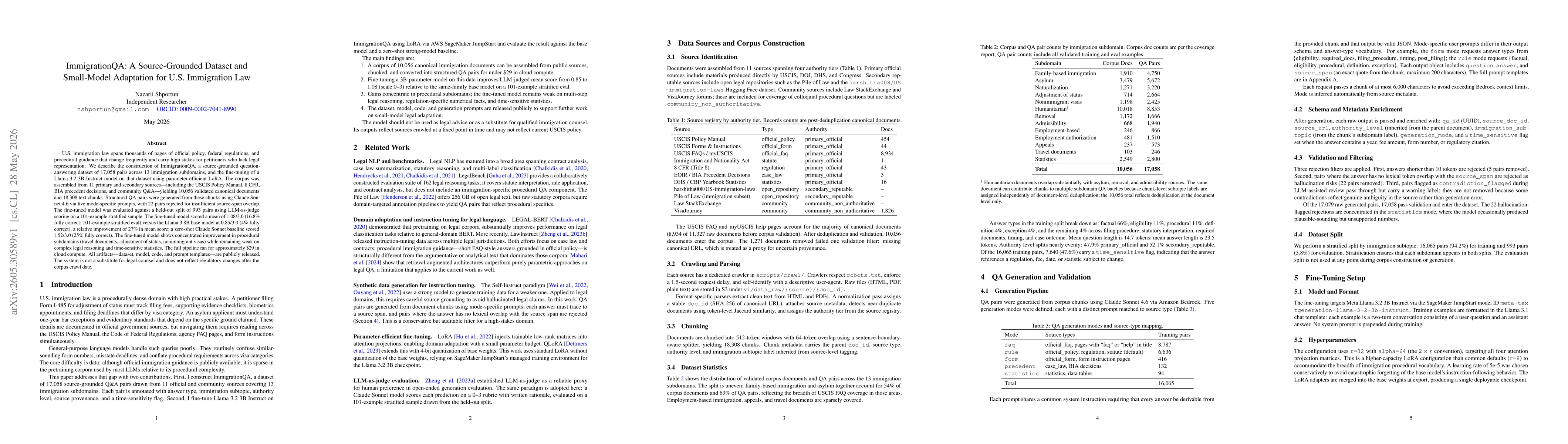 Thumbnail for ImmigrationQA: A Source-Grounded Dataset and Small-Model Adaptation for U.S. Immigration Law