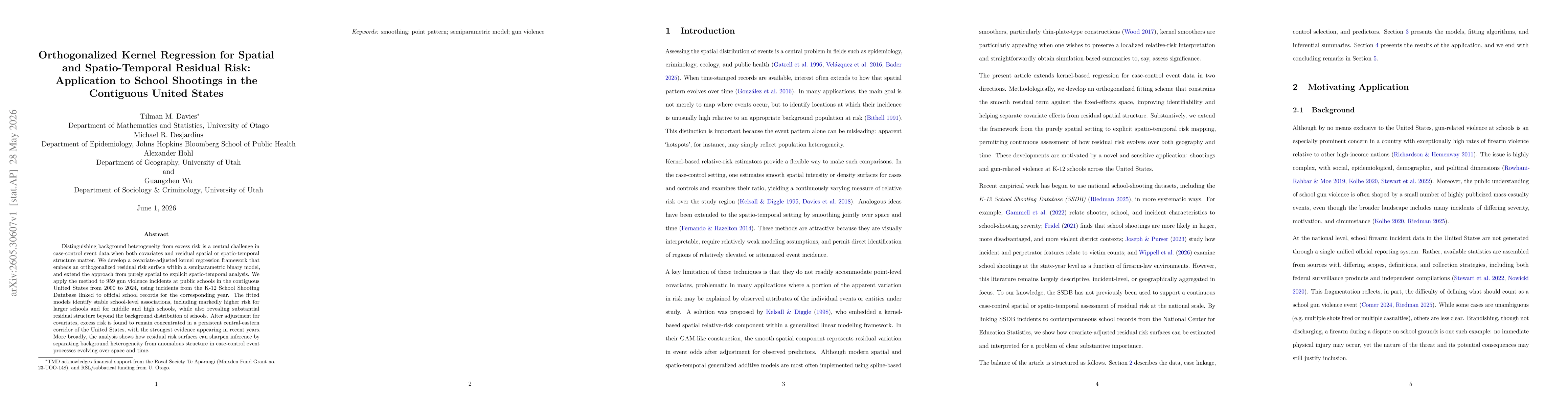 Thumbnail for Orthogonalized Kernel Regression for Spatial and Spatio-Temporal Residual Risk: Application to School Shootings in the Contiguous United States
