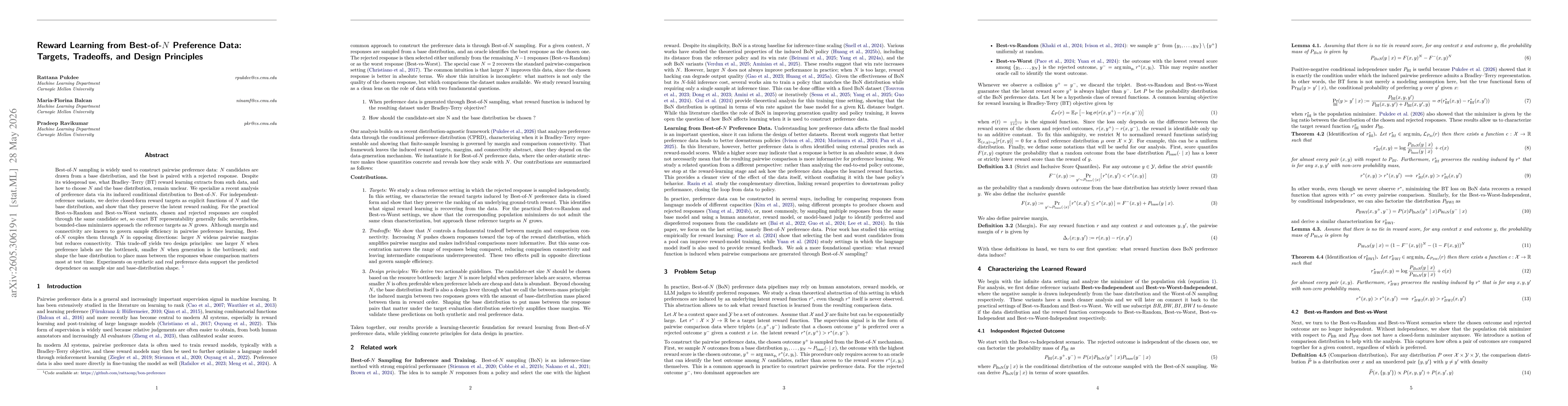 Thumbnail for Reward Learning from Best-of-$N$ Preference Data: Targets, Tradeoffs, and Design Principles
