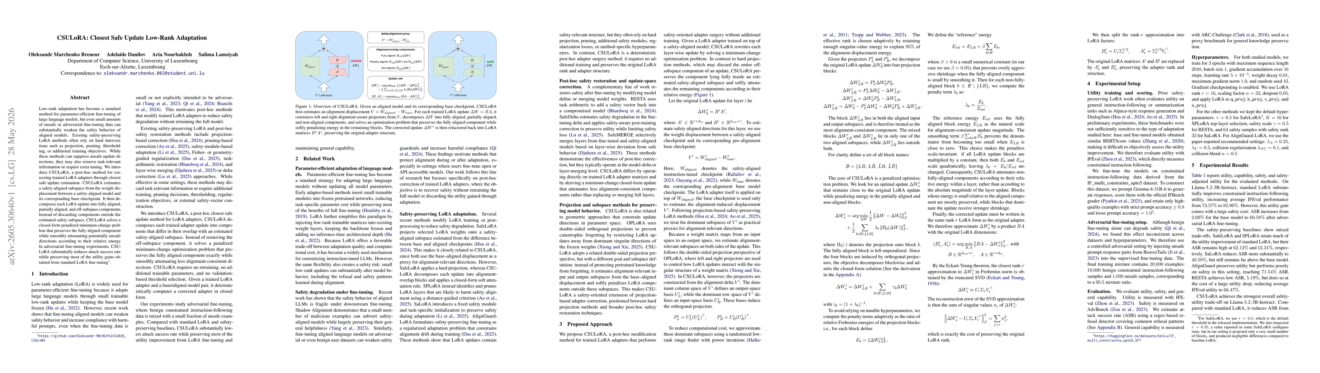 Thumbnail for CSULoRA: Closest Safe Update Low-Rank Adaptation
