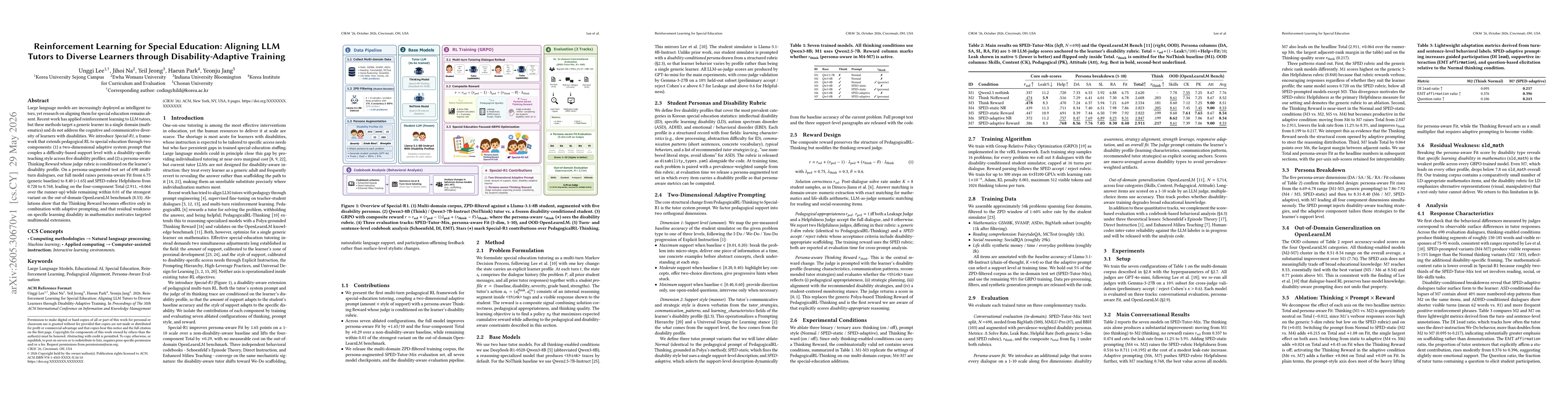 Thumbnail for Reinforcement Learning for Special Education: Aligning LLM Tutors to Diverse Learners through Disability-Adaptive Training