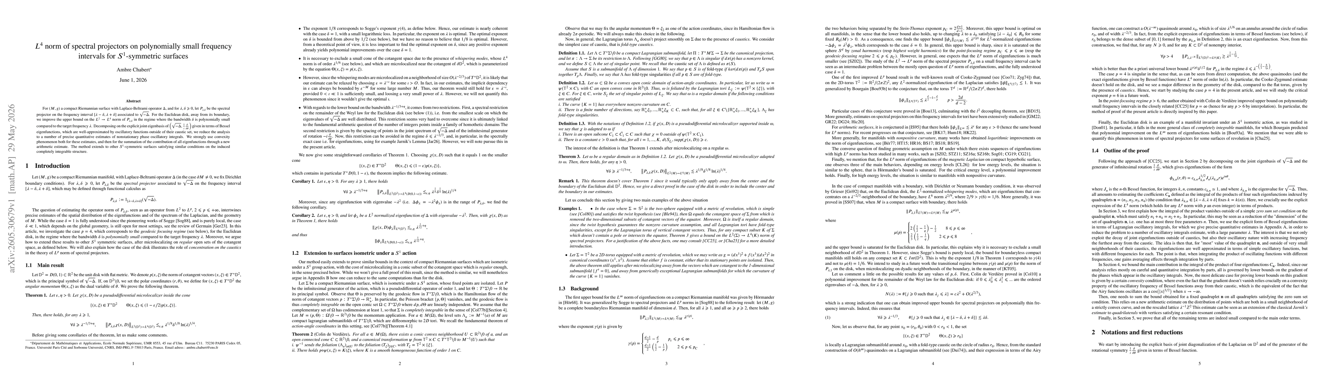 Thumbnail for $L^4$ norm of spectral projectors on polynomially small frequency intervals for $S^1$-symmetric surfaces