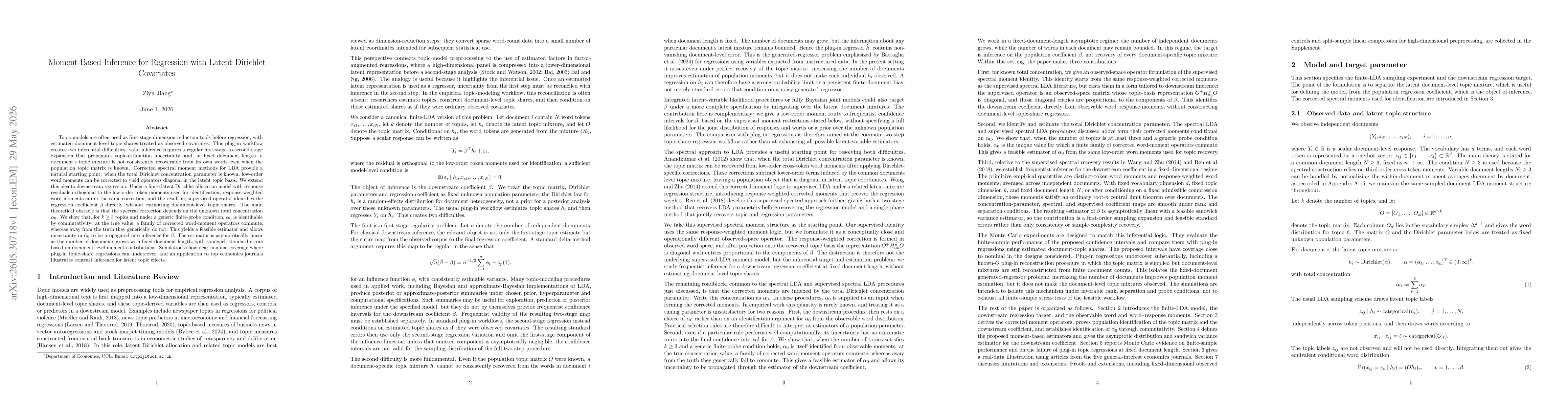 Thumbnail for Moment-Based Inference for Regression with Latent Dirichlet Covariates