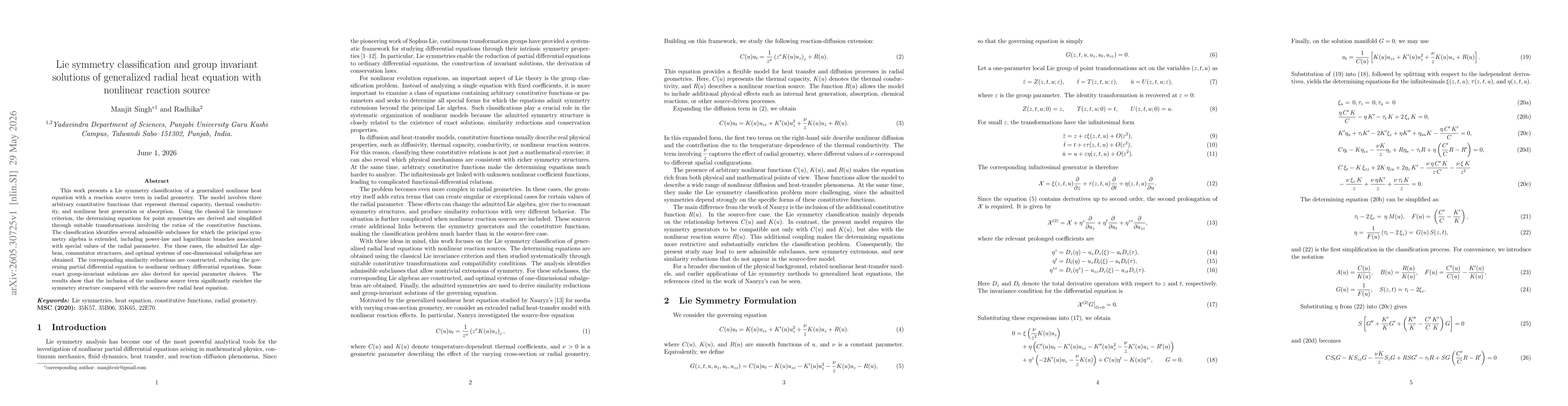 Thumbnail for Lie symmetry classification and group invariant solutions of generalized radial heat equation with nonlinear reaction source