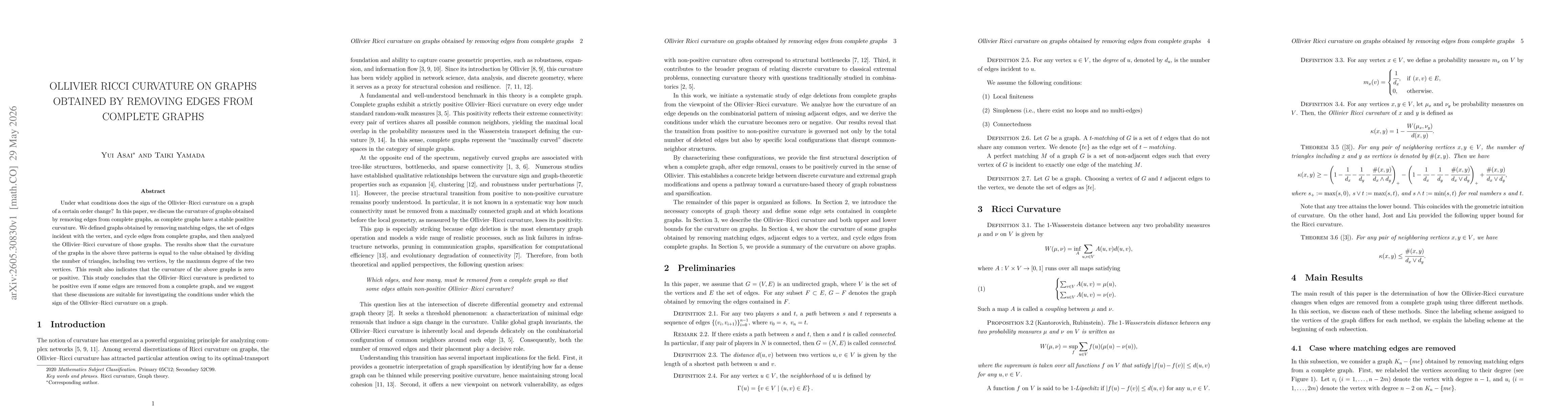 Thumbnail for Ollivier Ricci curvature on graphs obtained by removing edges from complete graphs