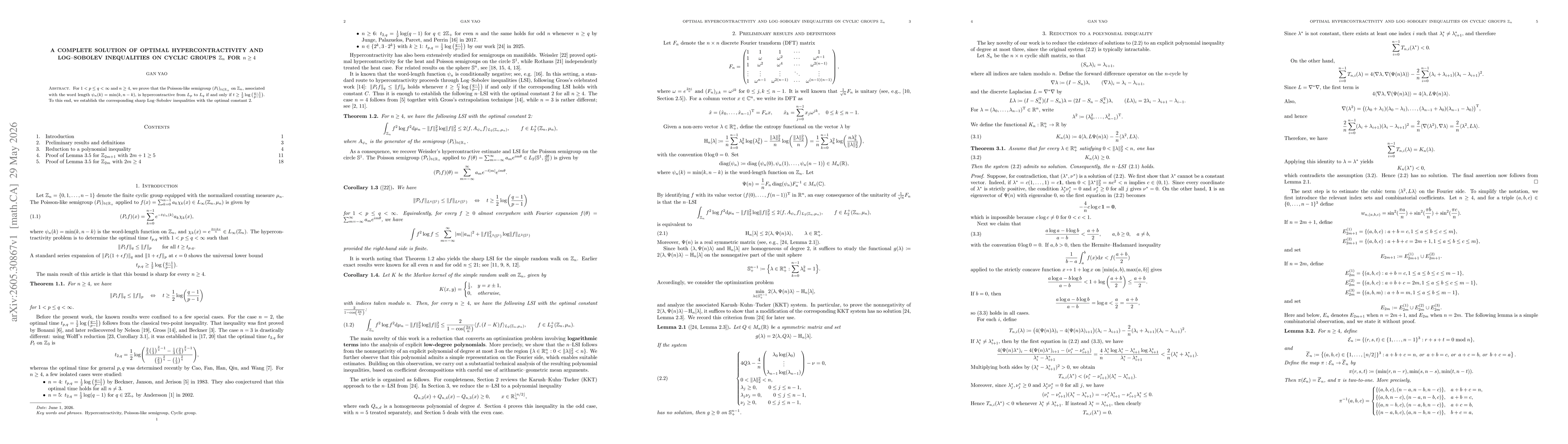 Thumbnail for A Complete Solution of Optimal Hypercontractivity and Log--Sobolev inequalities on Cyclic Groups $\mathbb{Z}_{n}$ for $n\geq 4$