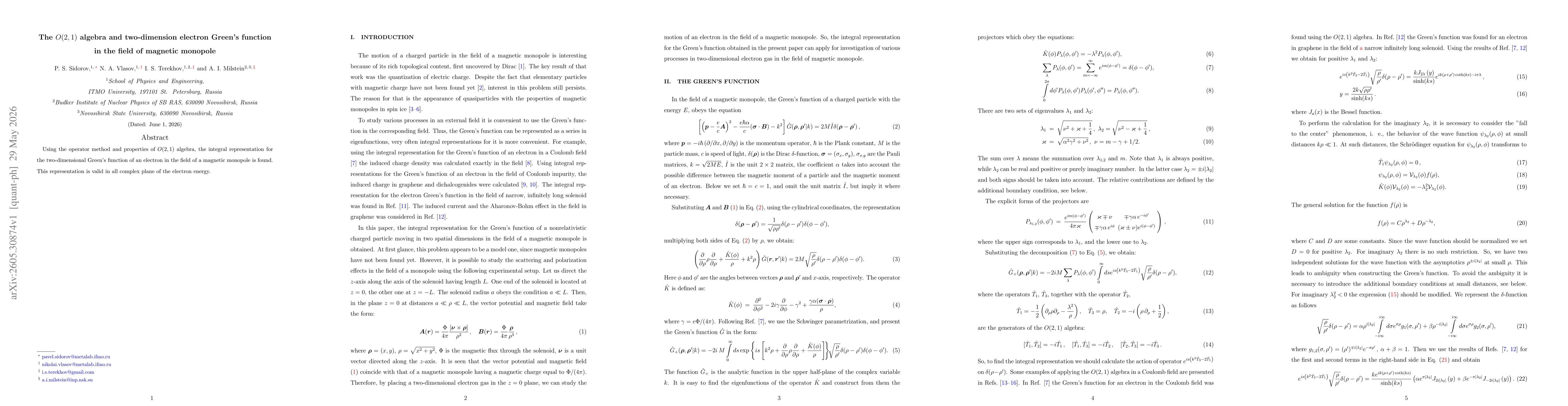 Thumbnail for The $O(2,1)$ algebra and two-dimension electron Green's function in the field of magnetic monopole