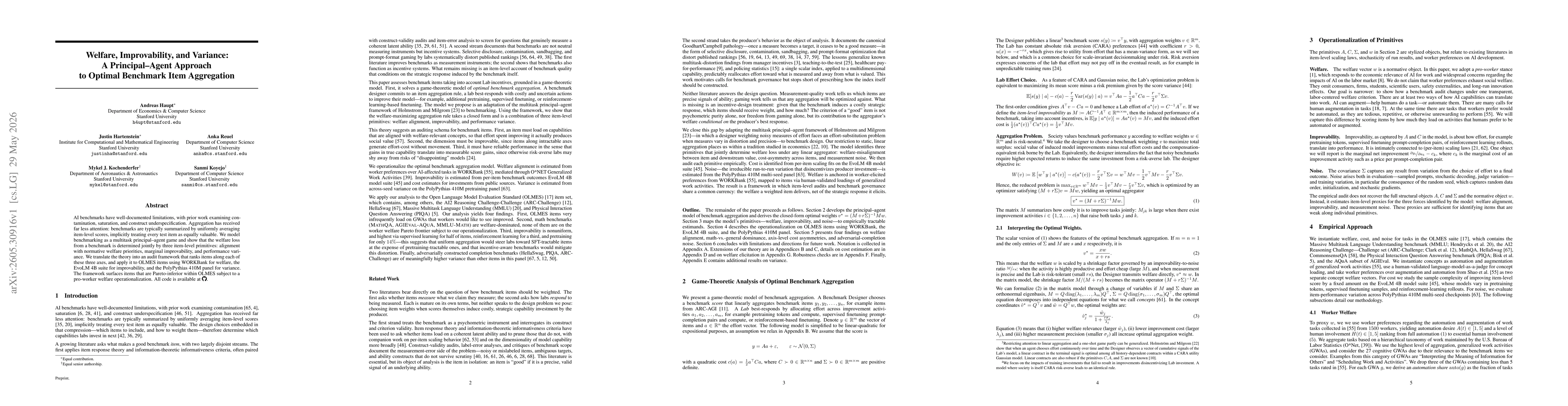 Thumbnail for Welfare, Improvability, and Variance: A Principal-Agent Approach to Optimal Benchmark Item Aggregation