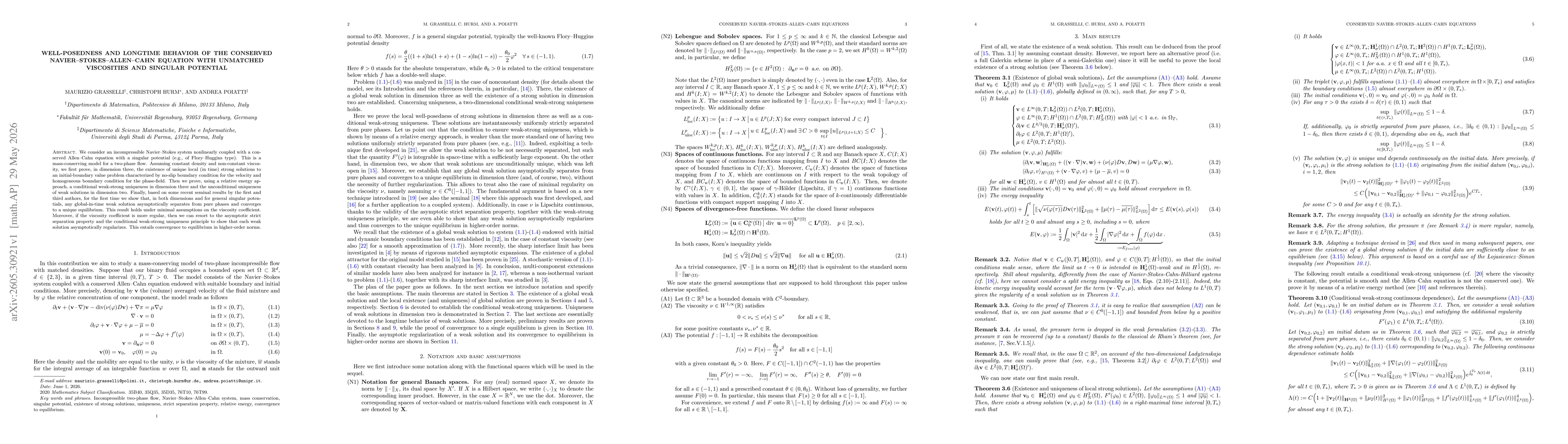Thumbnail for Well-posedness and longtime behavior of the conserved Navier--Stokes--Allen--Cahn equation with unmatched viscosities and singular potential