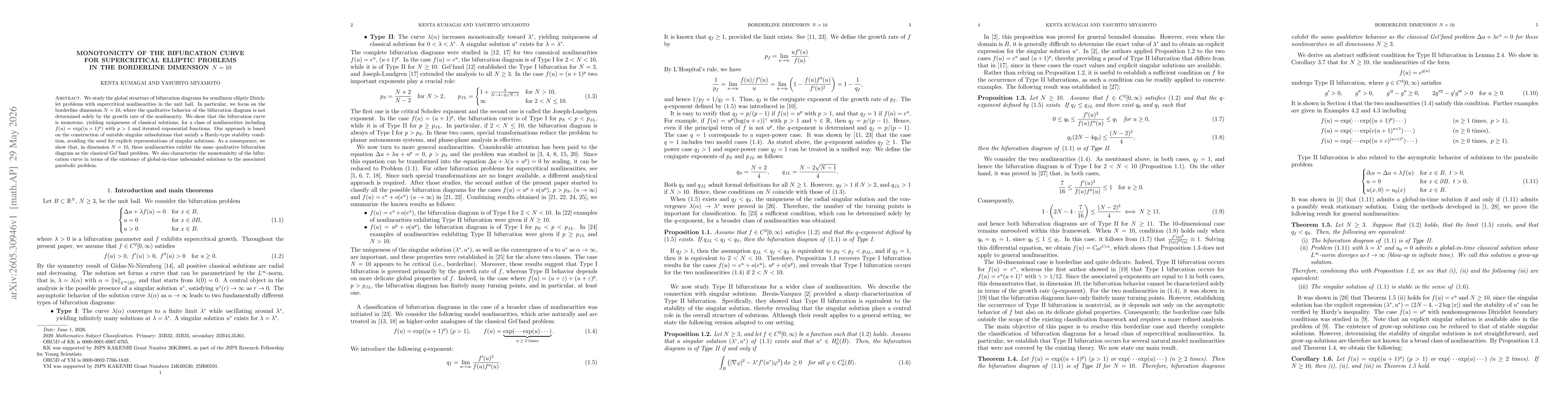 Thumbnail for Monotonicity of the bifurcation curve for supercritical elliptic problems in the borderline dimension $N=10$