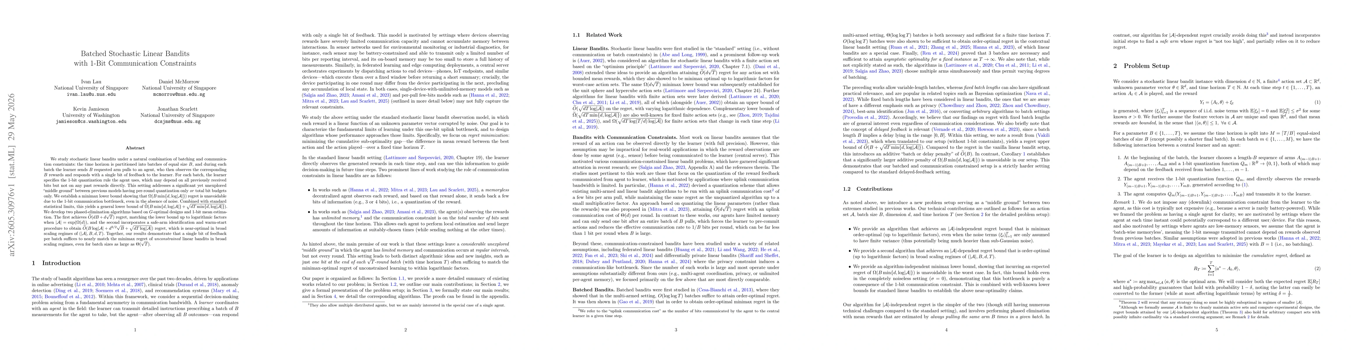 Thumbnail for Batched Stochastic Linear Bandits with 1-Bit Communication Constraints