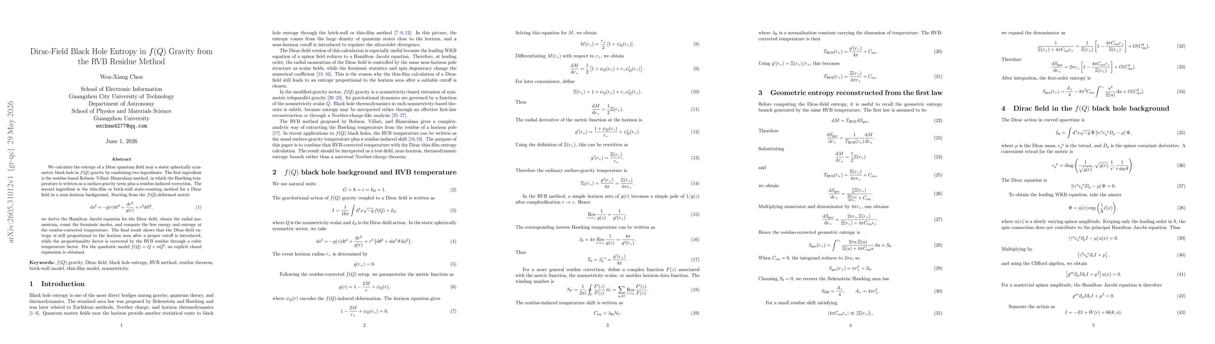 Thumbnail for Dirac-Field Black Hole Entropy in \(f(Q)\) Gravity from the RVB Residue Method
