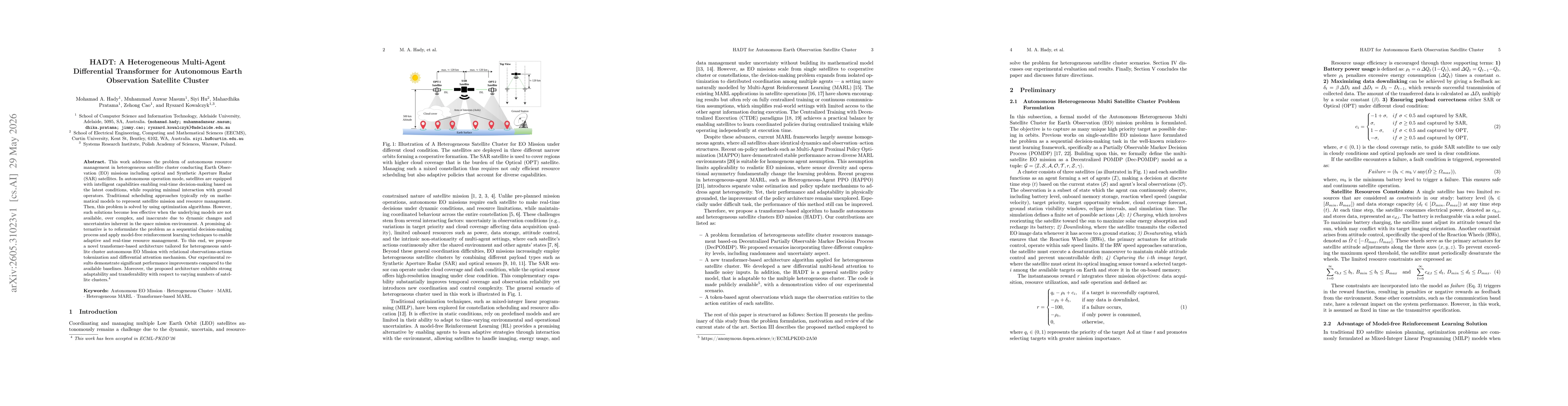 Thumbnail for HADT: A Heterogeneous Multi-Agent Differential Transformer for Autonomous Earth Observation Satellite Cluster