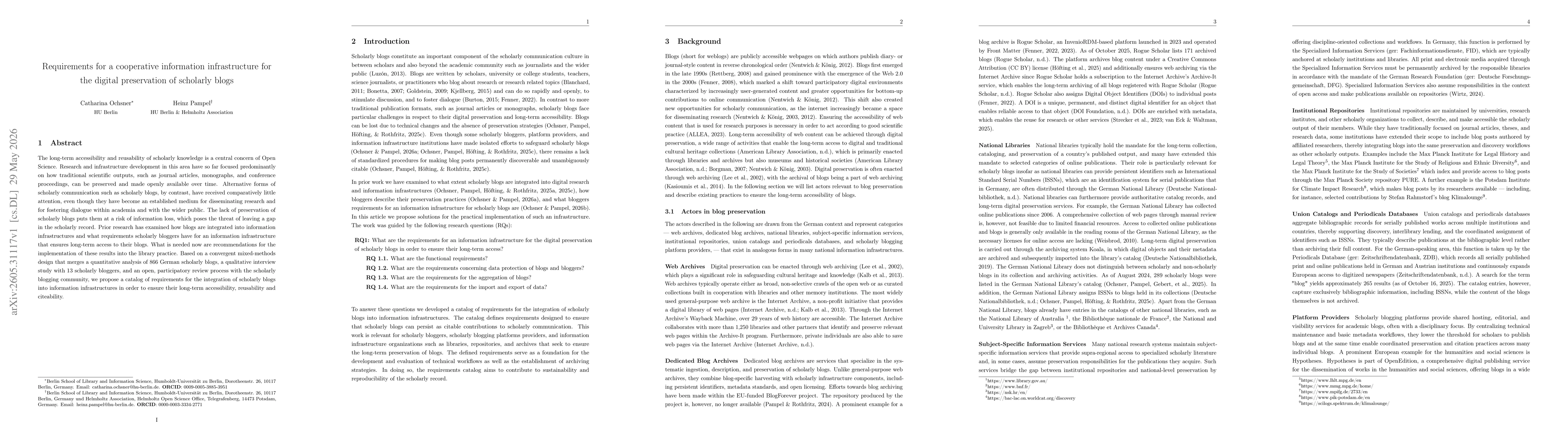 Thumbnail for Requirements for a cooperative information infrastructure for the digital preservation of scholarly blogs