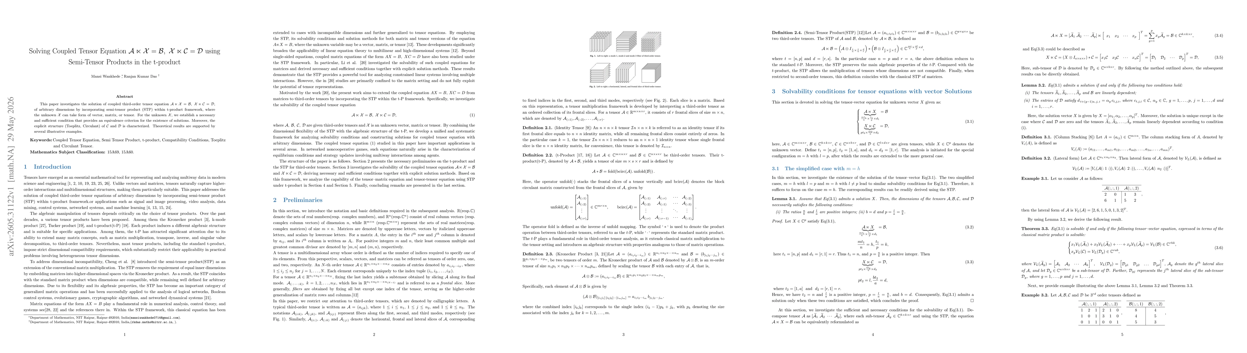 Thumbnail for Solving Coupled Tensor Equation $\mathcal{A} \ltimes \mathcal{X} =\mathcal{B}, \ \mathcal{X}\ltimes \mathcal{C}=\mathcal{D}$ using Semi-Tensor Products in the t-product