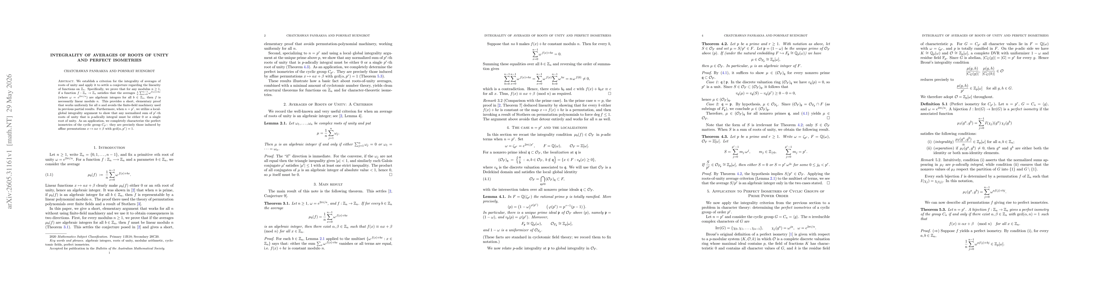 Thumbnail for Integrality of Averages of Roots of Unity and Perfect Isometries