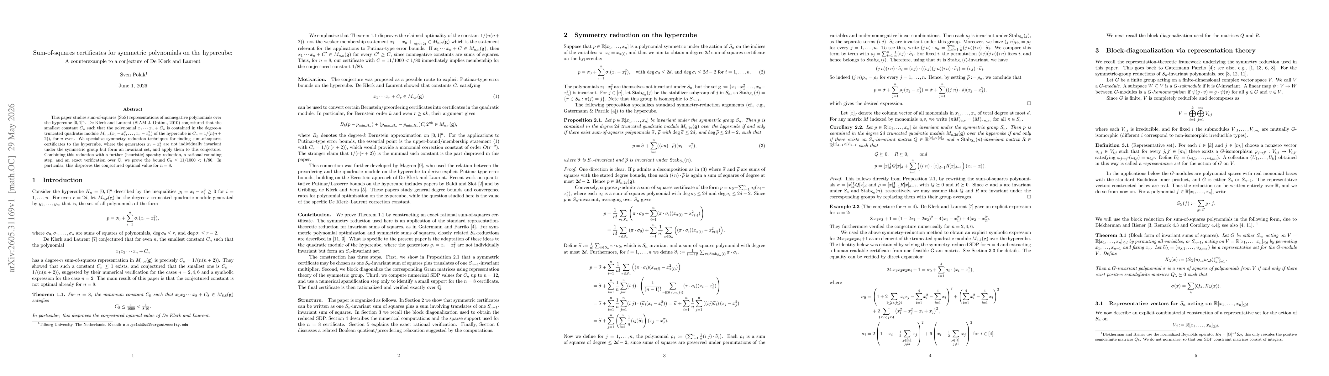 Thumbnail for Sum-of-squares certificates for symmetric polynomials on the hypercube: a counterexample to a conjecture of De Klerk and Laurent