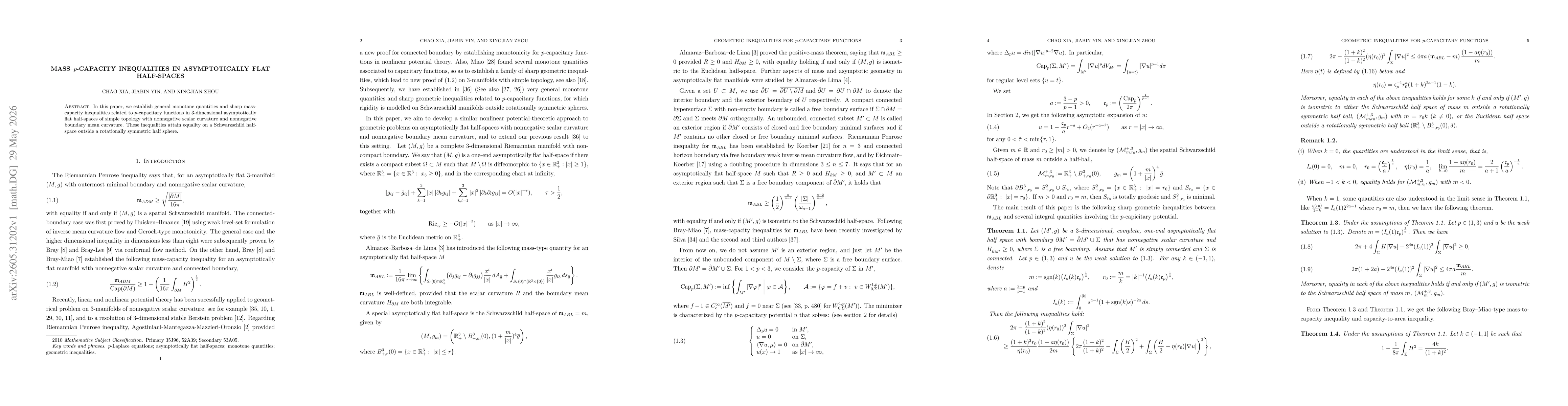 Thumbnail for Mass-$p$-Capacity Inequalities in Asymptotically Flat Half-Spaces