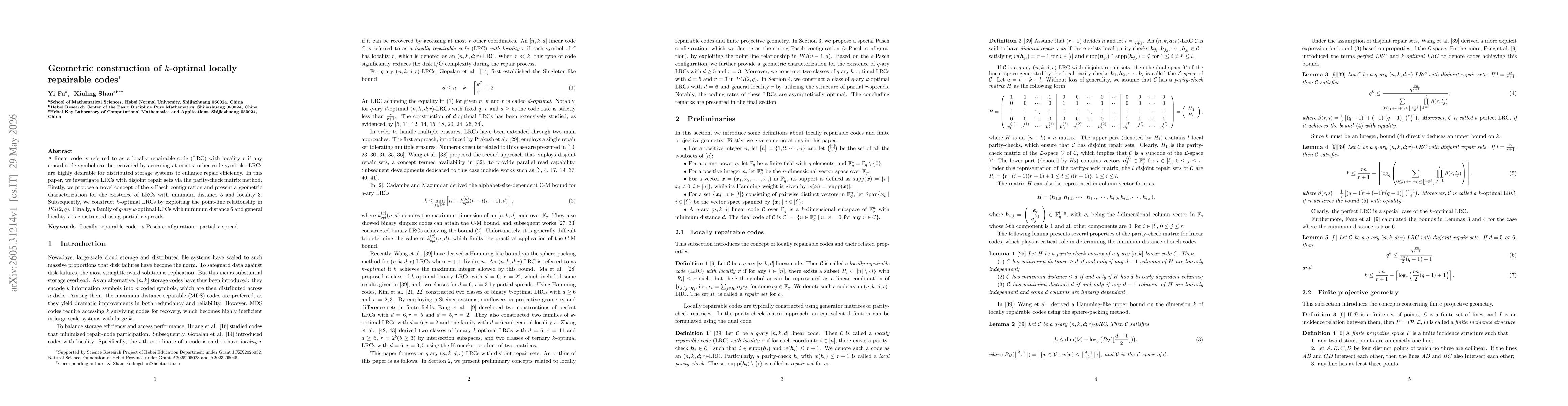 Thumbnail for Geometric construction of k-optimal locally repairable codes