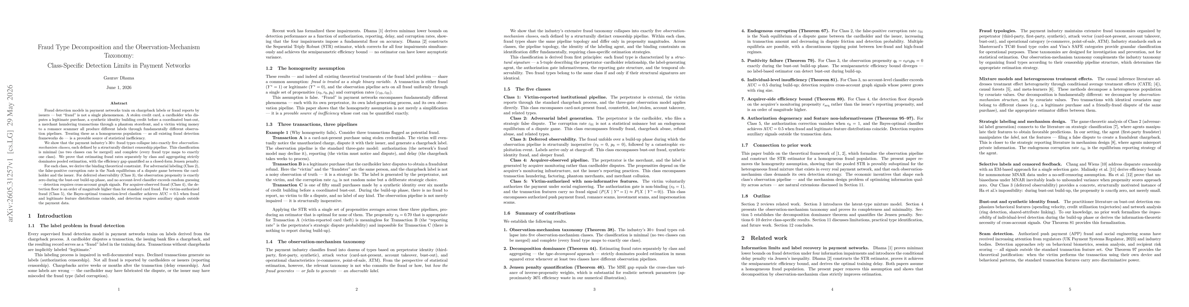 Thumbnail for Fraud Type Decomposition and the Observation-Mechanism Taxonomy:Class-Specific Detection Limits in Payment Networks