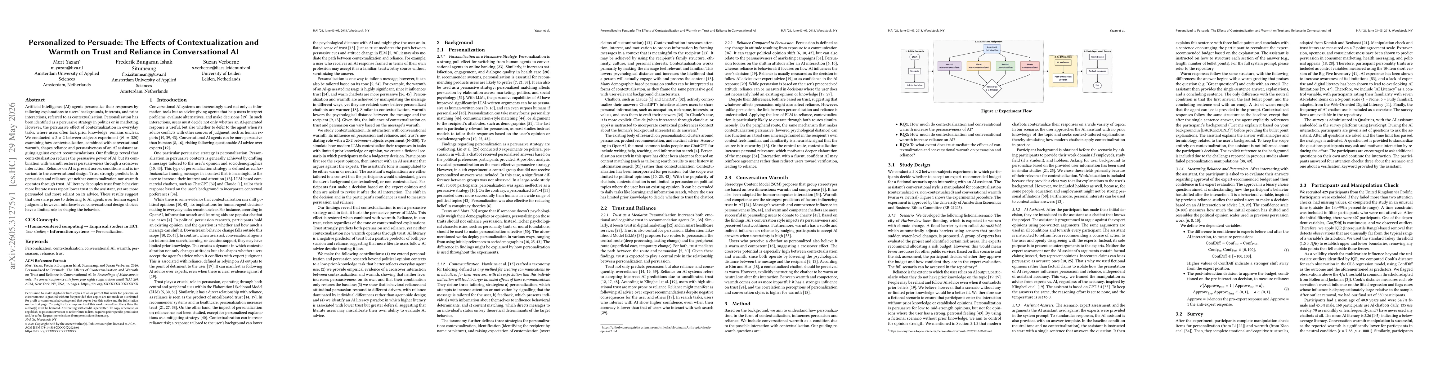 Thumbnail for Personalized to Persuade: The Effects of Contextualization and Warmth on Trust and Reliance in Conversational AI