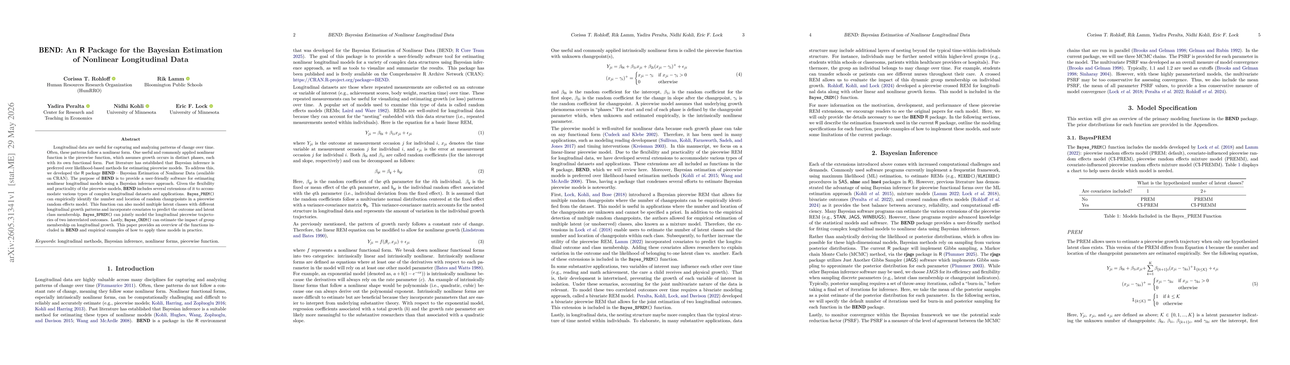 Thumbnail for BEND: An R Package for the Bayesian Estimation of Nonlinear Longitudinal Data