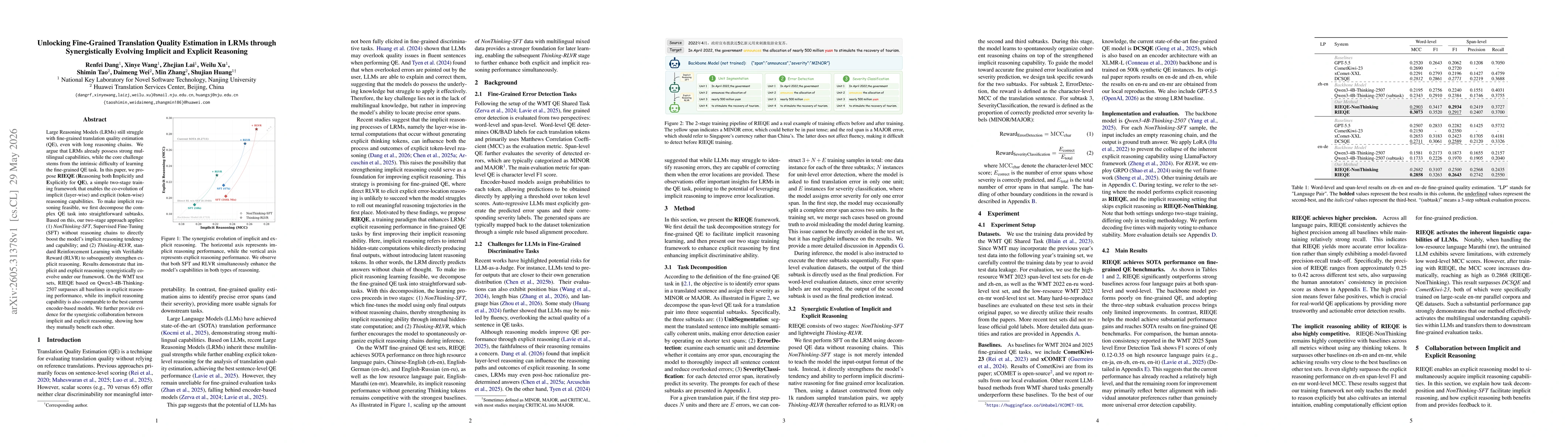 Thumbnail for Unlocking Fine-Grained Translation Quality Estimation in LRMs through Synergistically Evolving Implicit and Explicit Reasoning