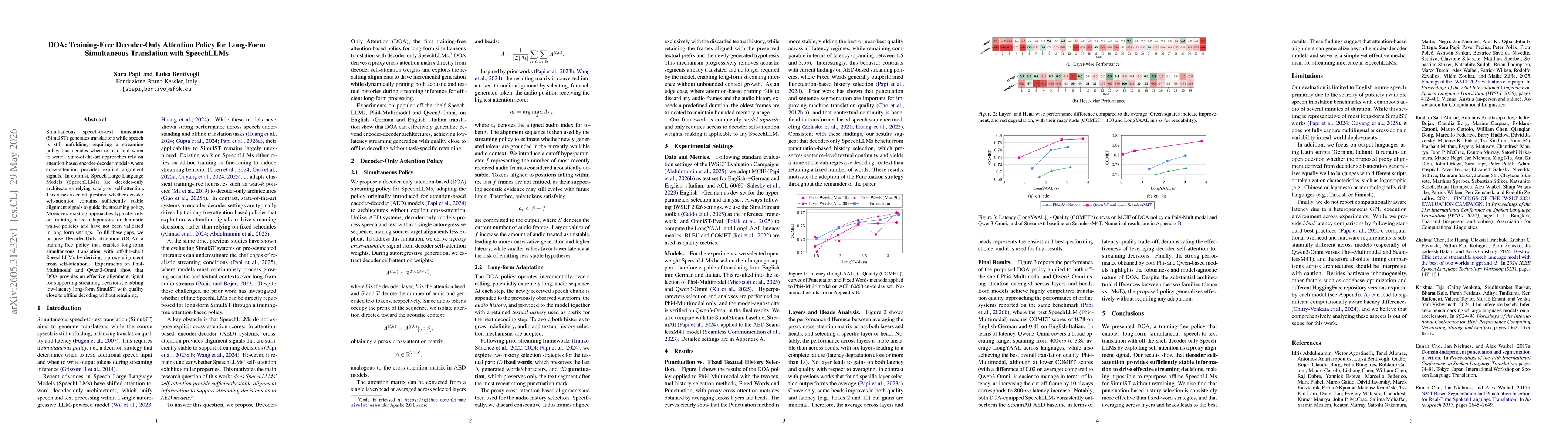 Thumbnail for DOA: Training-Free Decoder-Only Attention Policy for Long-Form Simultaneous Translation with SpeechLLMs