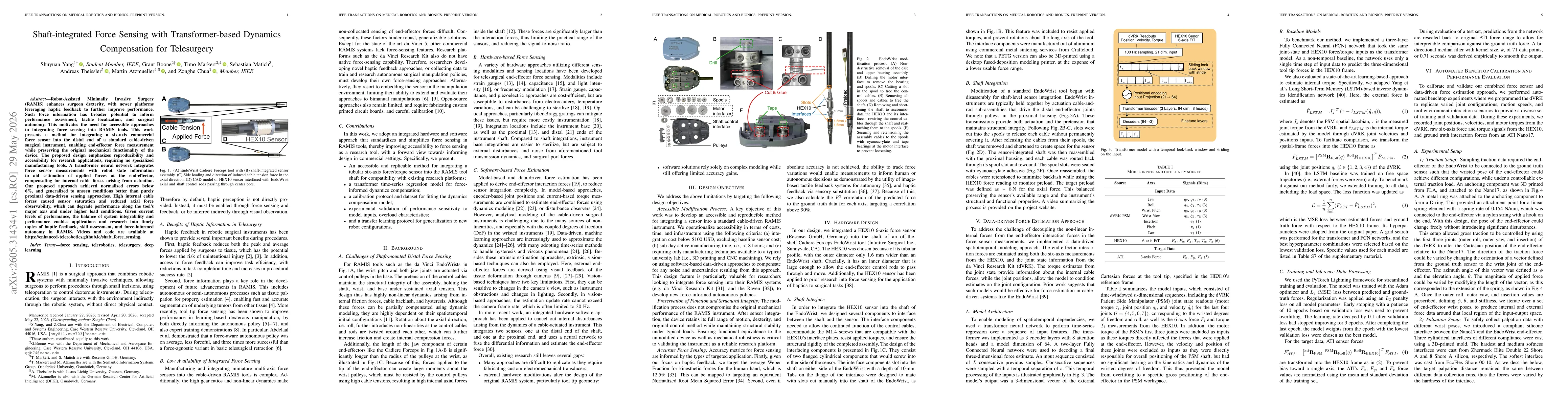 Thumbnail for Shaft-integrated Force Sensing with Transformer-based Dynamics Compensation for Telesurgery