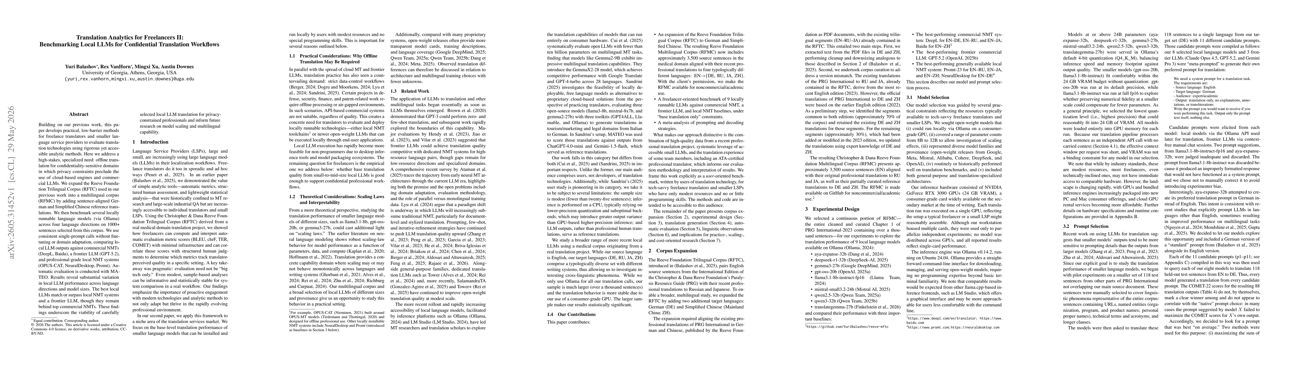 Thumbnail for Translation Analytics for Freelancers II: Benchmarking Local LLMs for Confidential Translation Workflows