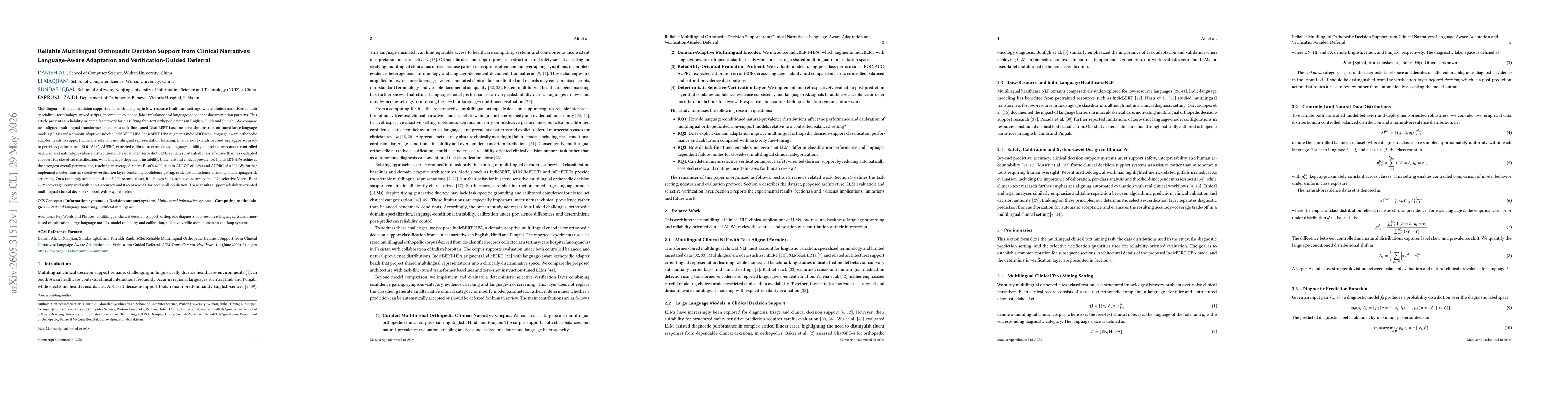 Thumbnail for Reliable Multilingual Orthopedic Decision Support from Clinical Narratives: Language-Aware Adaptation and Verification-Guided Deferral