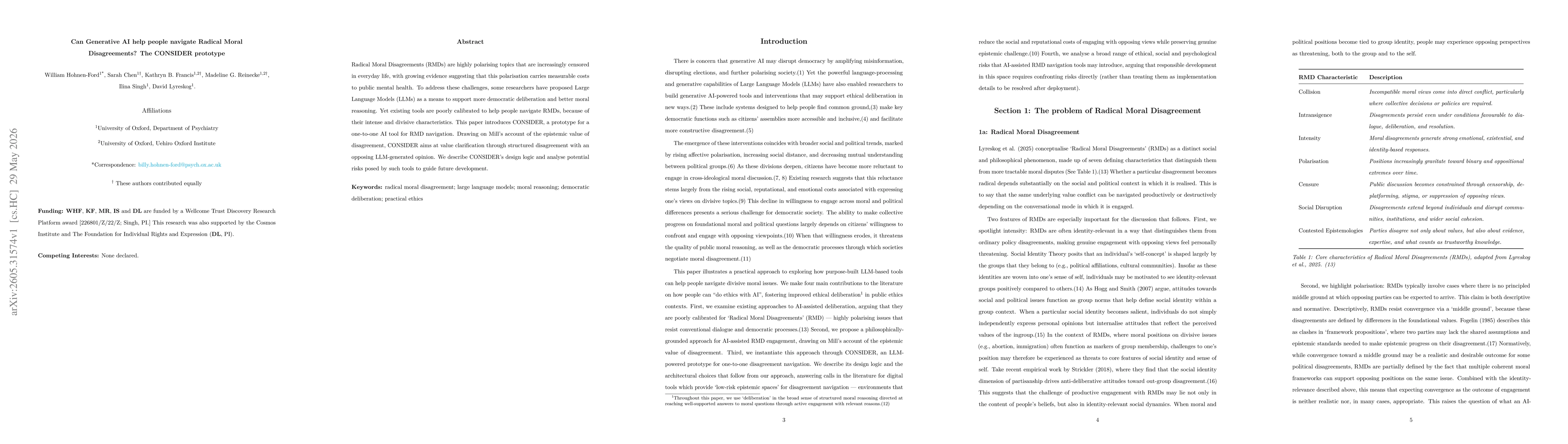 Thumbnail for Can Generative AI help people navigate Radical Moral Disagreements? The CONSIDER prototype