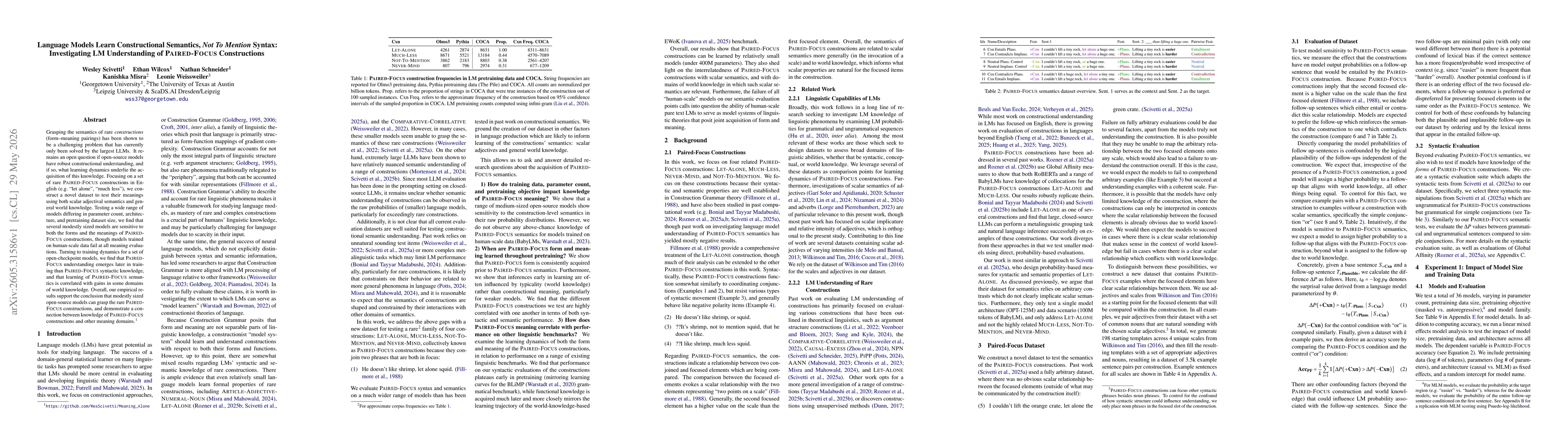 Thumbnail for Language Models Learn Constructional Semantics, Not To Mention Syntax: Investigating LM Understanding of Paired-Focus Constructions